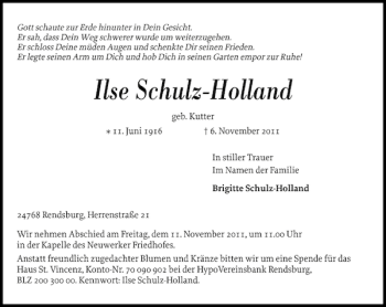 Traueranzeige von Ilse Schulz-Holland von Landeszeitung