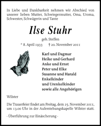 Traueranzeige von Ilse Stuhr von Norddeutsche Rundschau
