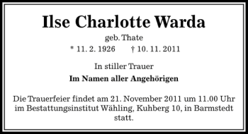 Traueranzeige von Ilse Charlotte Warda von Pinneberger Tageblatt