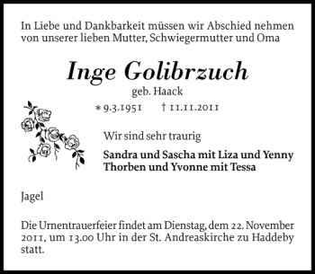 Traueranzeige von Inge Golibrzuch von Schleswiger Nachrichten
