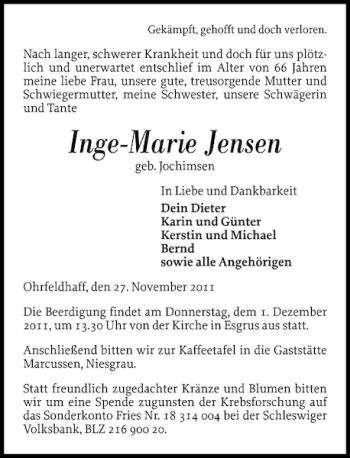 Traueranzeige von Inge-Marie Jensen von Flensburger Tageblatt