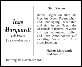 Traueranzeige von Inge Marquardt von Husumer Nachrichten