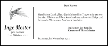 Traueranzeige von Inge Mester von Landeszeitung