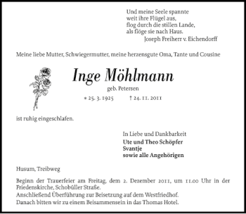 Traueranzeige von Inge Möhlmann von Husumer Nachrichten
