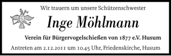 Traueranzeige von Inge Möhlmann von Husumer Nachrichten