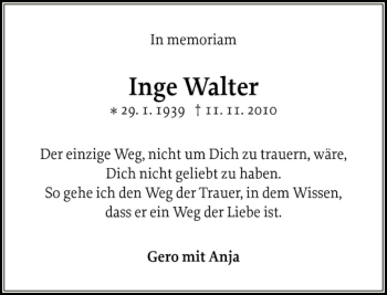 Traueranzeige von Inge Walter von Ostholsteiner Anzeiger