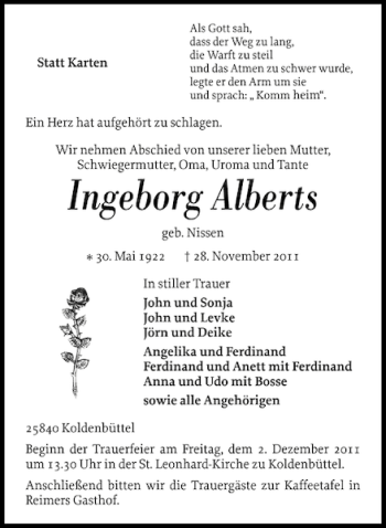 Traueranzeige von Ingeborg Alberts von Flensburger Tageblatt
