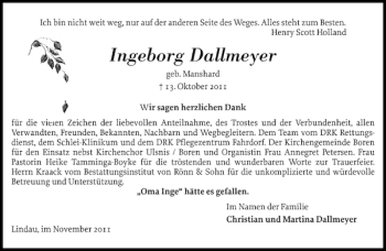 Traueranzeige von Ingeborg Dallmeyer von Schlei-Bote