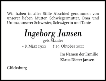 Traueranzeige von Ingeborg Jansen von Flensburger Tageblatt
