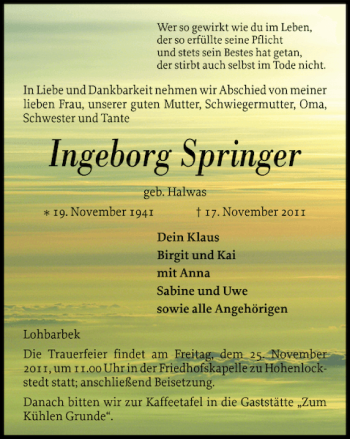 Traueranzeige von Ingeborg Springer von Norddeutsche Rundschau