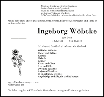 Traueranzeige von Ingeborg Wöbcke von Elmshorner Nachrichten