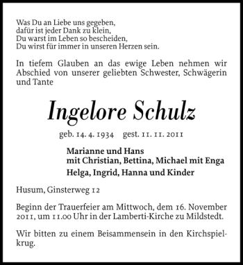 Traueranzeige von Ingelore Schulz von Husumer Nachrichten