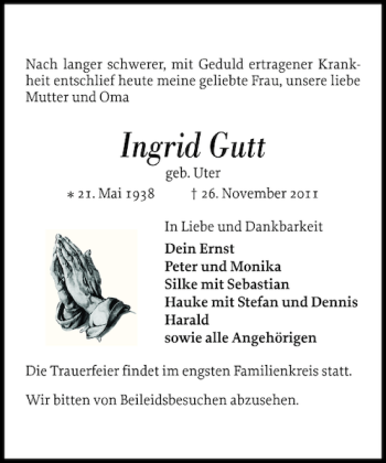 Traueranzeige von Ingrid Gutt von Flensburger Tageblatt