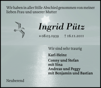 Traueranzeige von Ingrid Pütz von Schleswiger Nachrichten