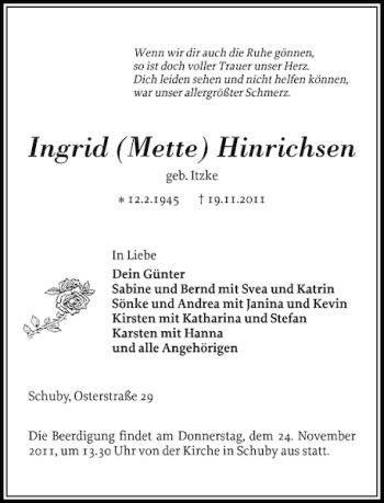 Traueranzeige von Ingrid Mette Hinrichsen von Schleswiger Nachrichten