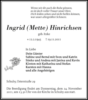 Traueranzeige von Ingrid Mette Hinrichsen von Schleswiger Nachrichten
