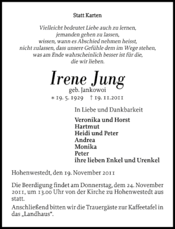 Traueranzeige von Irene Jung von Landeszeitung