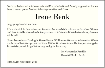 Traueranzeige von Irene Renk von Norddeutsche Rundschau
