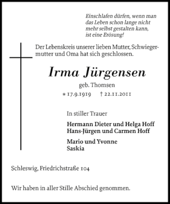 Traueranzeige von Irma Jürgensen von Schleswiger Nachrichten