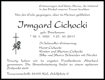 Traueranzeige von Irmgard Cichocki von Eckernförder Zeitung