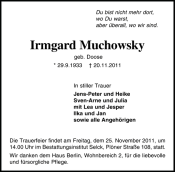 Traueranzeige von Irmgard Muchowsky von Holsteinischer Courier