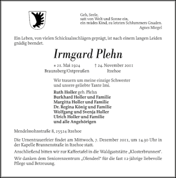 Traueranzeige von Irmgard Plehn von Norddeutsche Rundschau