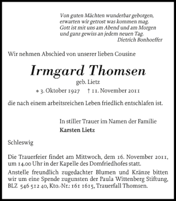 Traueranzeige von Irmgard Thomsen von Schleswiger Nachrichten