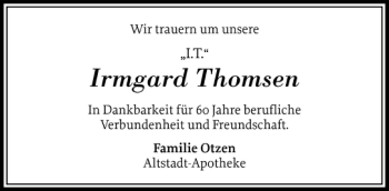 Traueranzeige von Irmgard Thomsen von Schleswiger Nachrichten