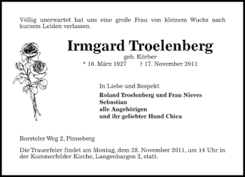Traueranzeige von Irmgard Troelenberg von Pinneberger Tageblatt