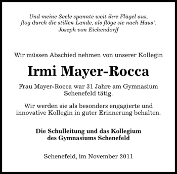 Traueranzeige von Irmi Mayer-Rocca von Pinneberger Tageblatt