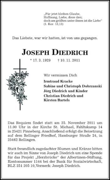 Traueranzeige von JOSEPH DIEDRICH von Pinneberger Tageblatt