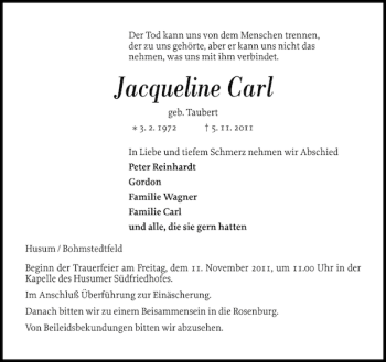 Traueranzeige von Jacqueline Carl von Flensburger Tageblatt