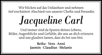 Traueranzeige von Jacqueline Carl von Husumer Nachrichten