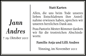 Traueranzeige von Jann Andres von Husumer Nachrichten