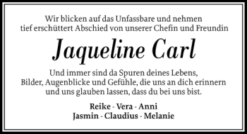 Traueranzeige von Jaqueline Carl von Husumer Nachrichten