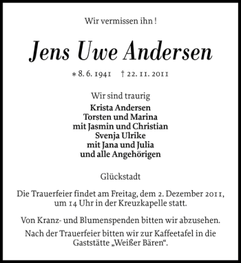 Traueranzeige von Jens Uwe Andersen von Norddeutsche Rundschau