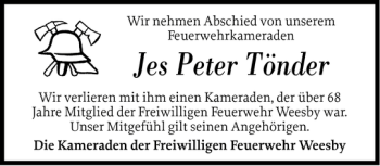 Traueranzeige von Jes Peter Tönder von Flensburger Tageblatt
