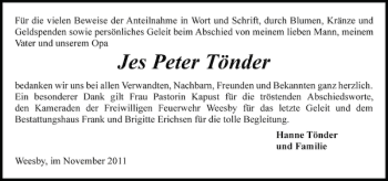 Traueranzeige von Jes Peter Tönder von Flensburger Tageblatt