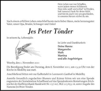 Traueranzeige von Jes Peter Tönder von Flensburger Tageblatt
