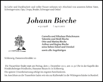 Traueranzeige von Johann Bieche von Schleswiger Nachrichten