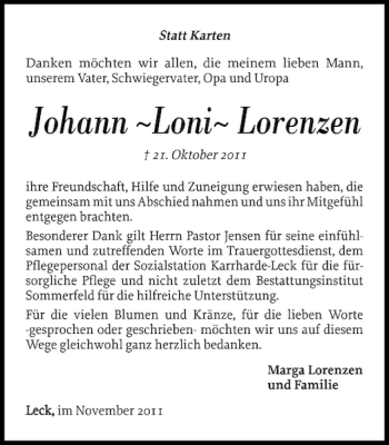 Traueranzeige von Johann Loni Lorenzen von Flensburger Tageblatt