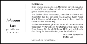 Traueranzeige von Johanna Lux von Norddeutsche Rundschau