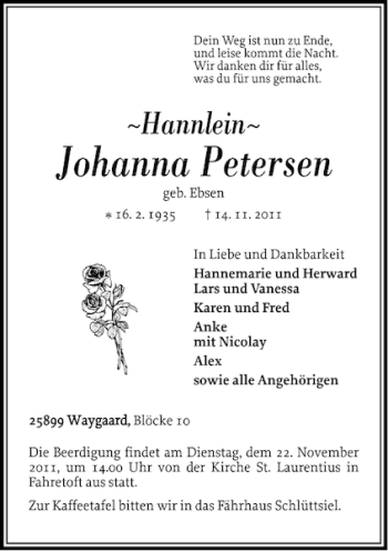 Traueranzeige von Johanna Petersen von Nordfriesland Tageblatt