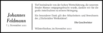 Traueranzeige von Johannes Feldmann von Norddeutsche Rundschau