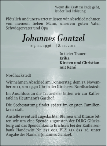 Traueranzeige von Johannes Gantzel von Flensburger Tageblatt