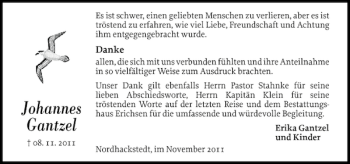 Traueranzeige von Johannes Gantzel von Flensburger Tageblatt