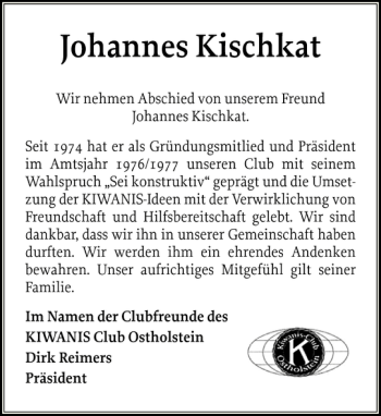 Traueranzeige von Johannes Kischkat von Ostholsteiner Anzeiger