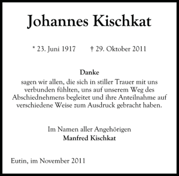 Traueranzeige von Johannes Kischkat von Ostholsteiner Anzeiger