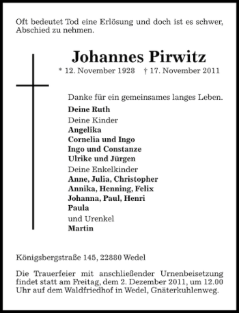 Traueranzeige von Johannes Pirwitz von Pinneberger Tageblatt