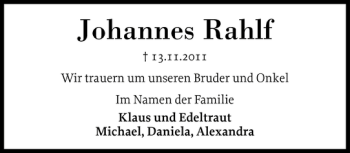 Traueranzeige von Johannes Rahlf von Eckernförder Zeitung